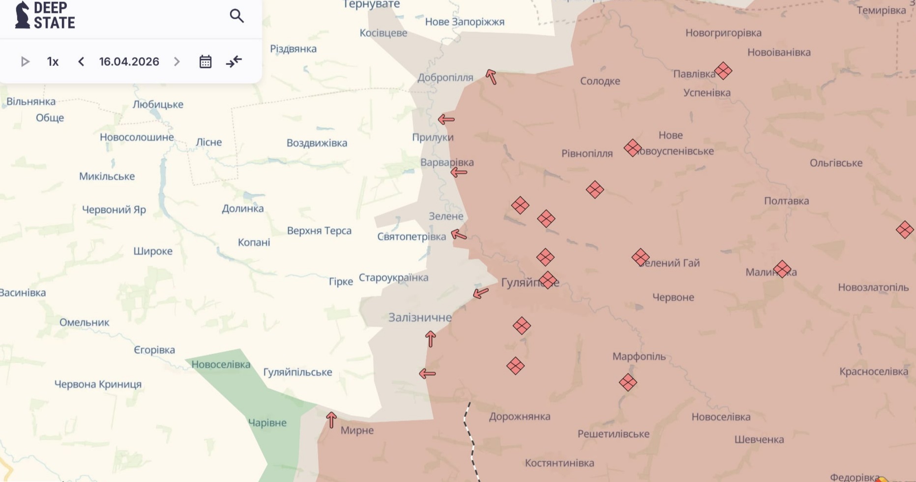 Орієнтовна карта бойових дій станом на 16 квітня о 13:29 / DeepStateMap