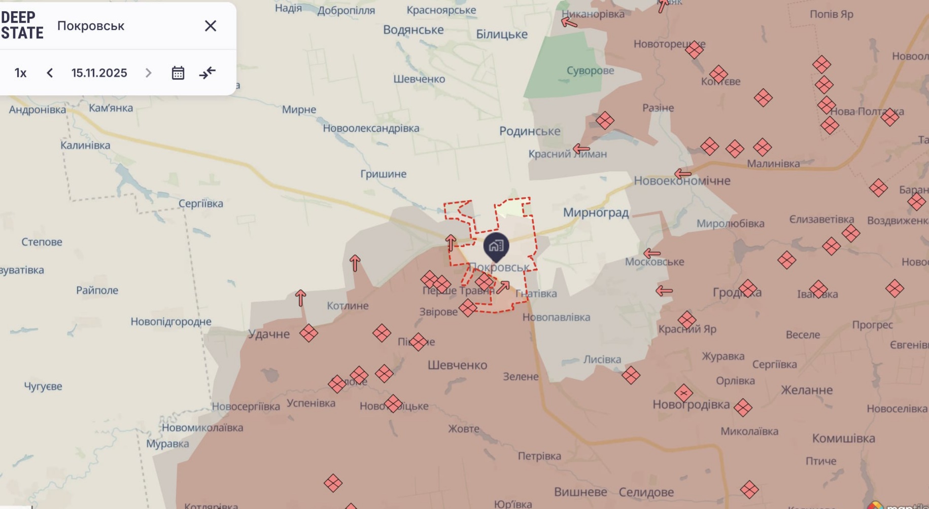 Орієнтовна карта бойових дій станом на 15 листопада о 23:44/ DeepStateMap