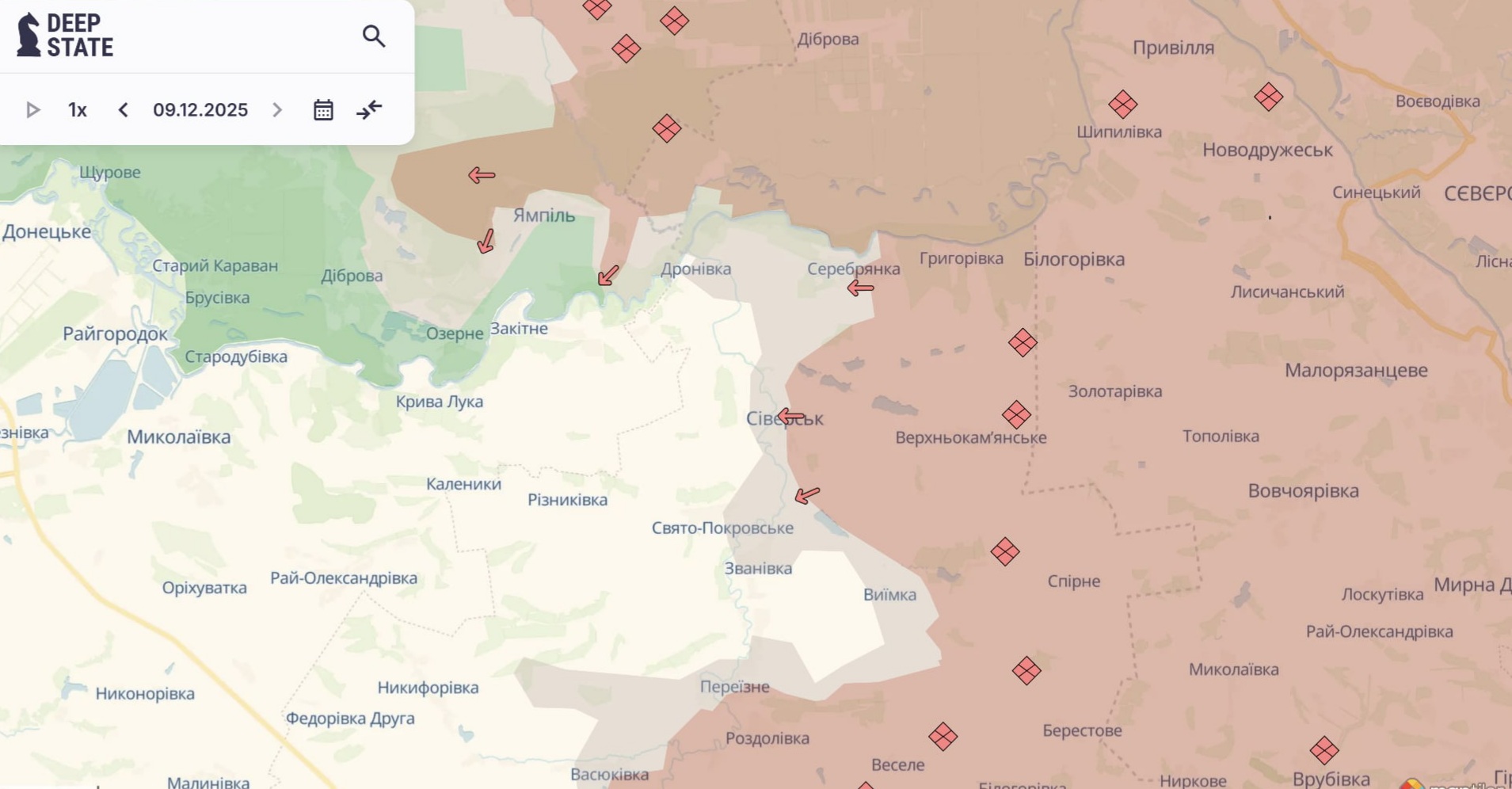 Ориентировочная карта боевых действий по состоянию на 9 декабря в 23:30/DeepStateMap