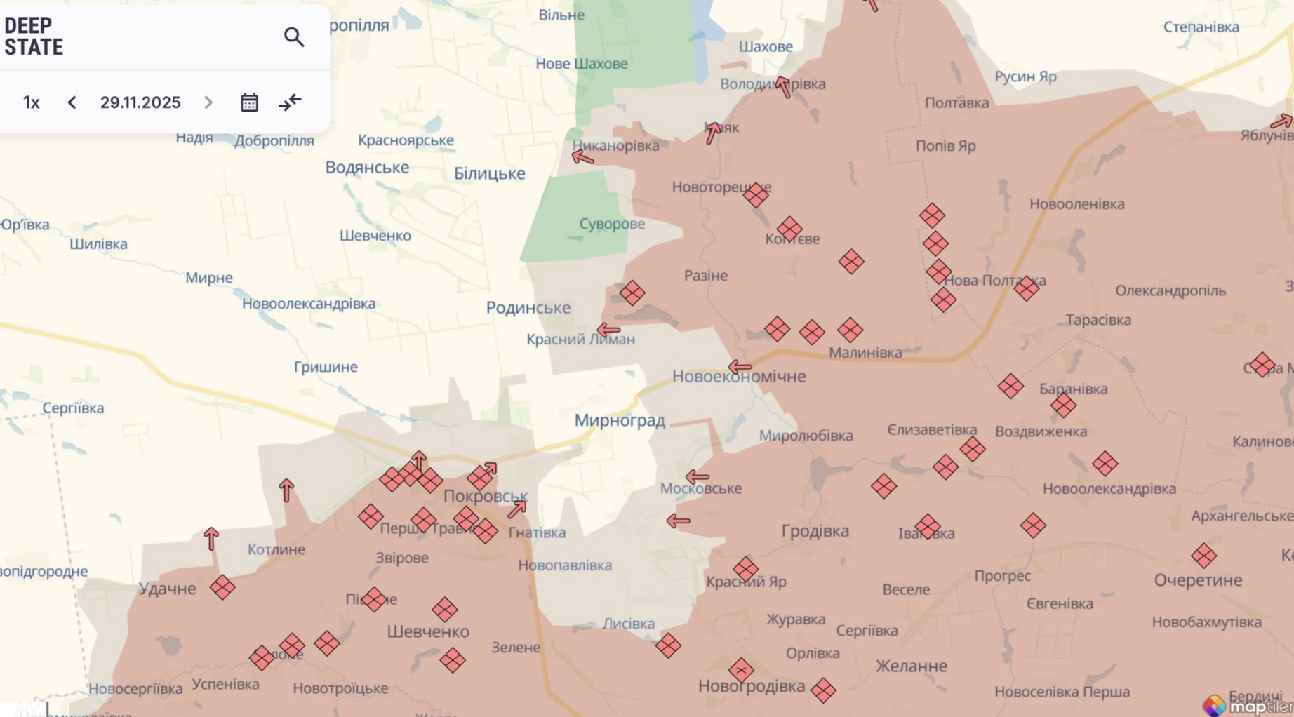 Орієнтовна карта бойових дій станом на 29 листопада о 22:45/ DeepStateMap