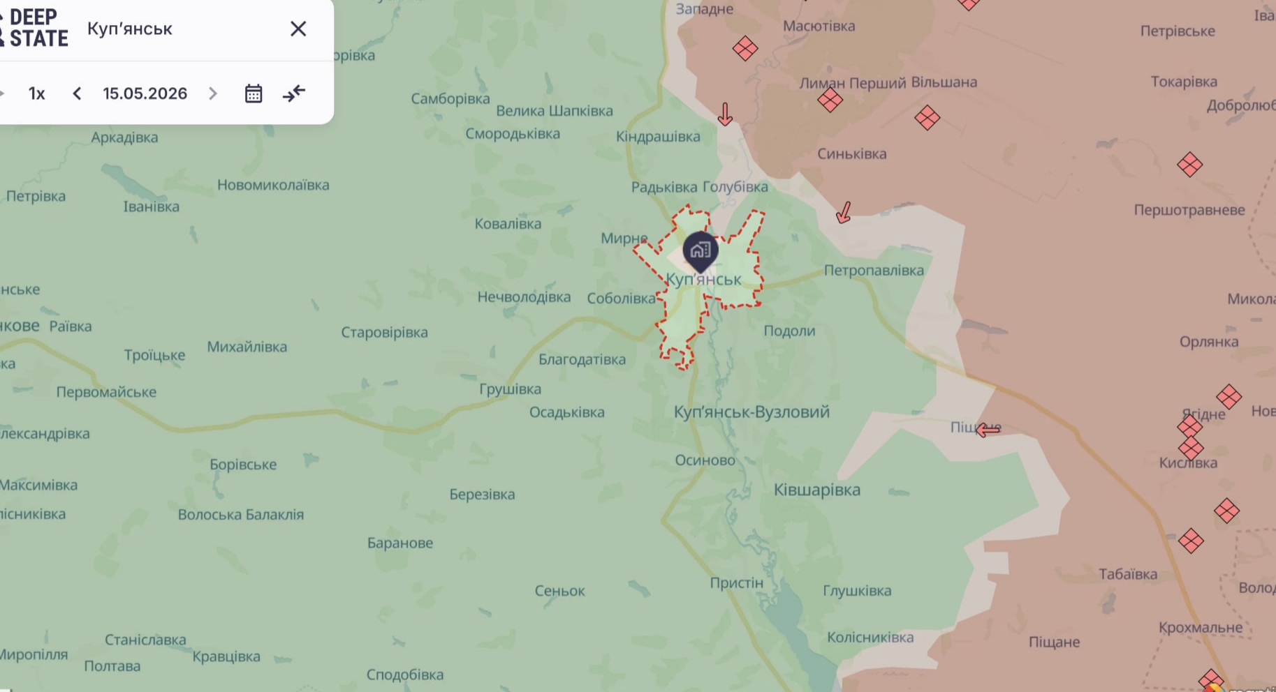 Орієнтовна карта бойових дій станом на 15 травня о 03:11 / DeepStateMap