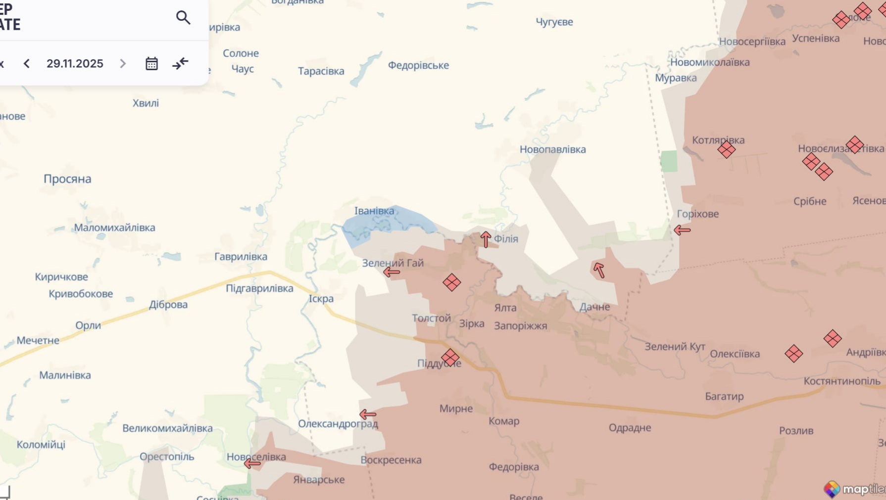 Орієнтовна карта бойових дій станом на 29 листопада о 22:45/ DeepStateMap