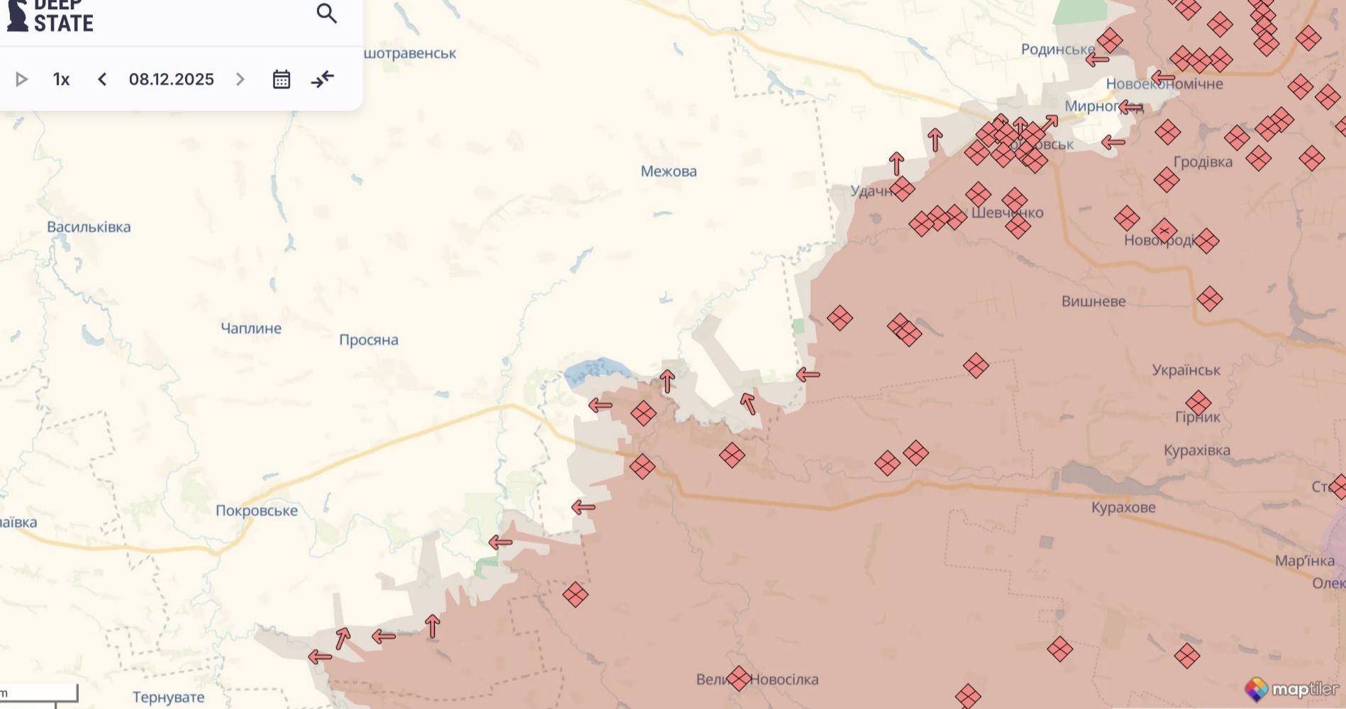 Орієнтовна карта бойових дій станом на 8 грудня о 21:05 / DeepStateMap