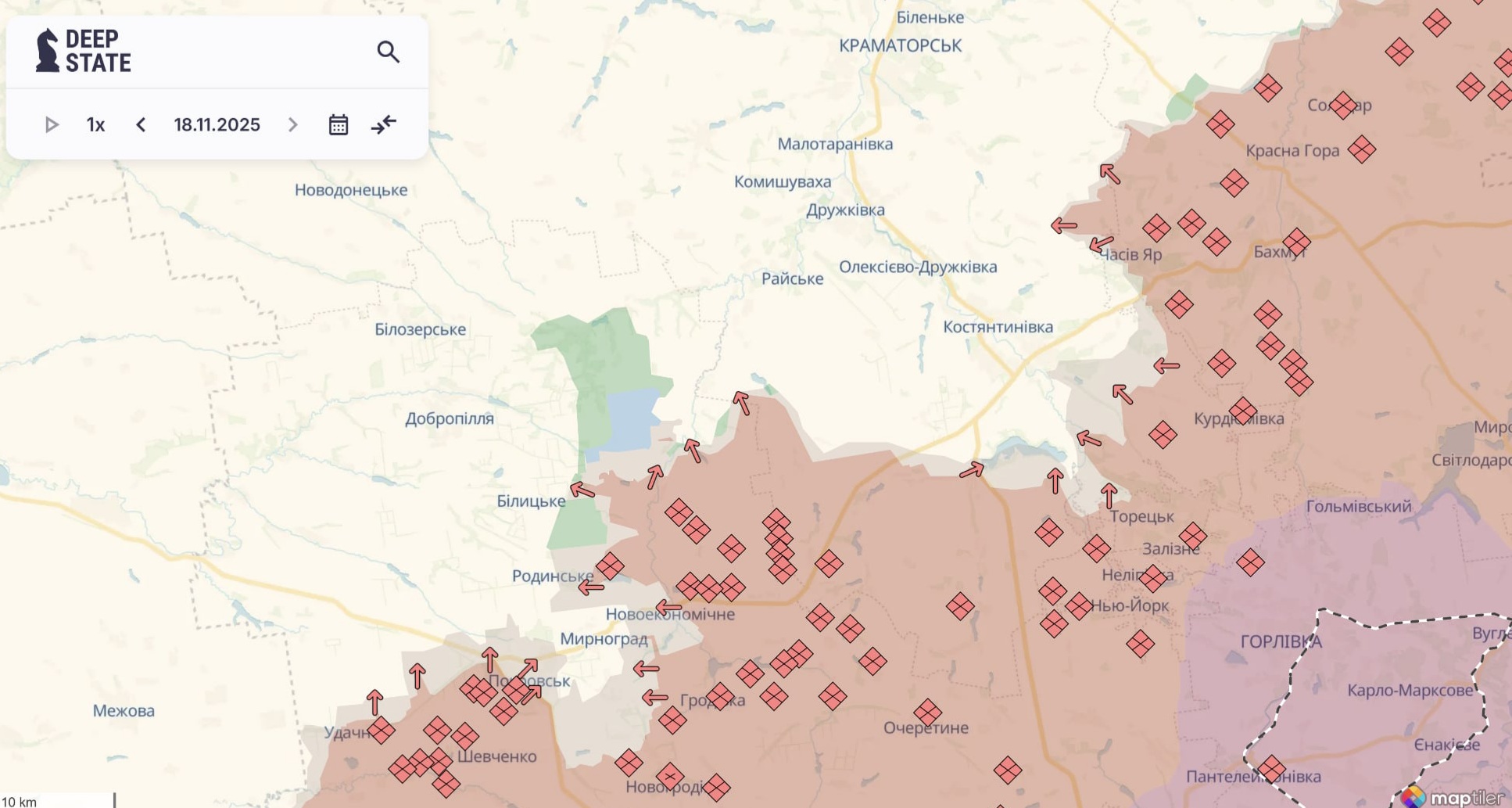 Орієнтовна карта бойових дій станом на 18 листопада о 23:30 / DeepStateMap