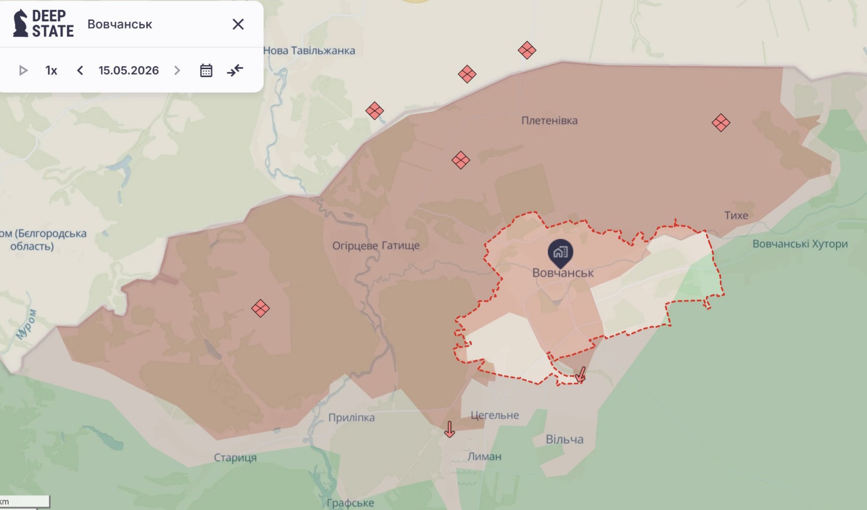 Орієнтовна карта бойових дій станом на 15 травня о 03:11 / DeepStateMap