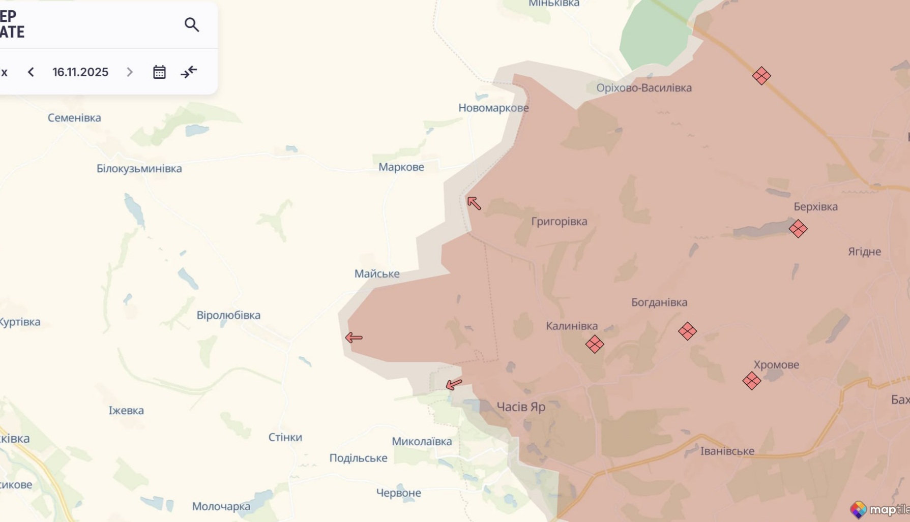 Орієнтовна карта бойових дій станом на 16 листопада о 23:33/ DeepStateMap