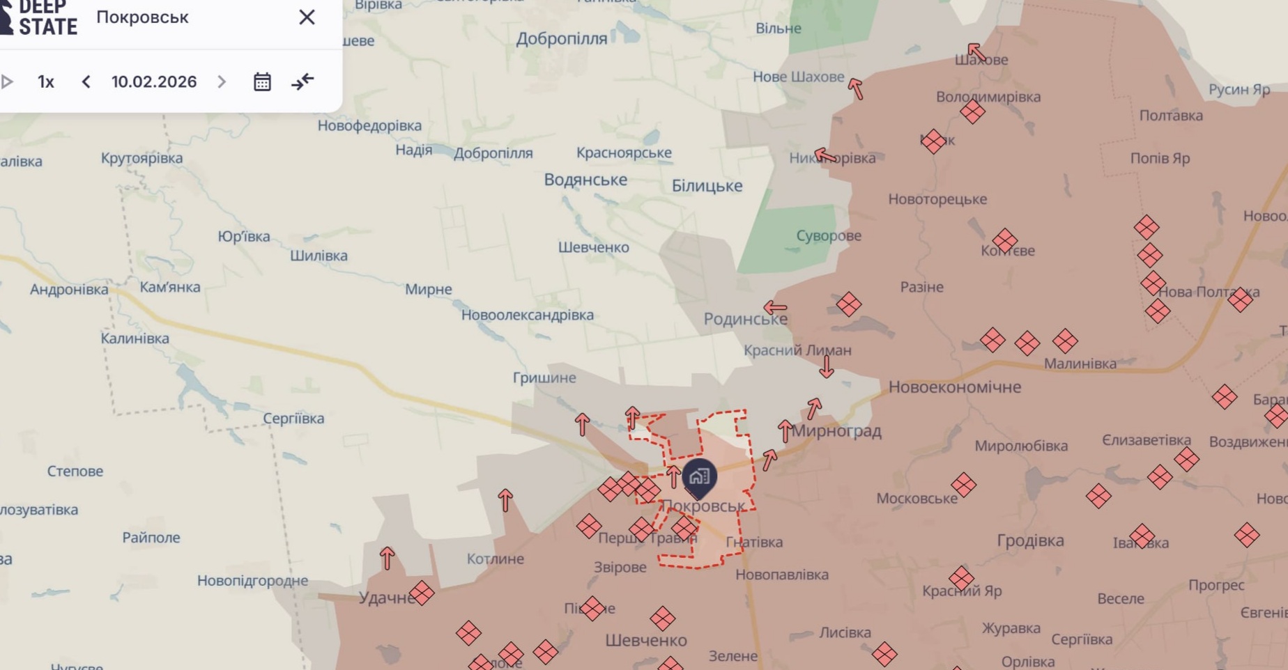 Ориентировочная карта боевых действий на 10 февраля в 22:38/DeepStateMap