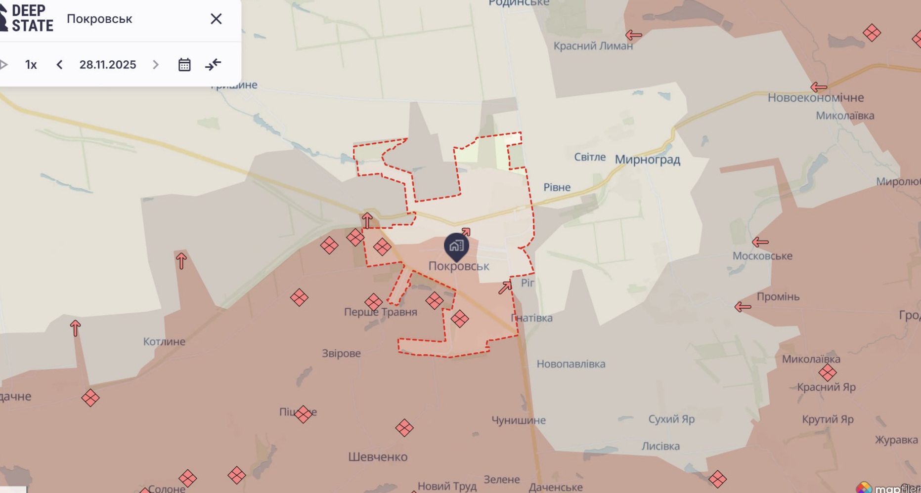 Орієнтовна карта бойових дій станом на 28 листопада о 22:43 / DeepStateMap