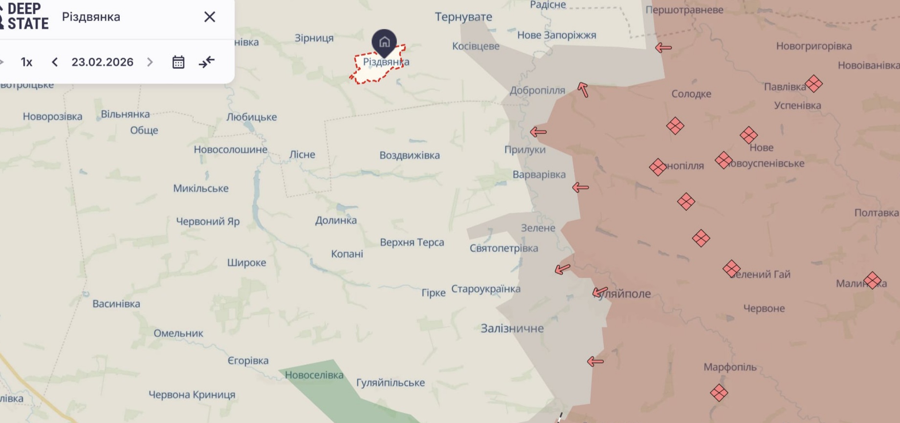 Орієнтовна карта бойових дій на 23 лютого о 23:43/DeepStateMap