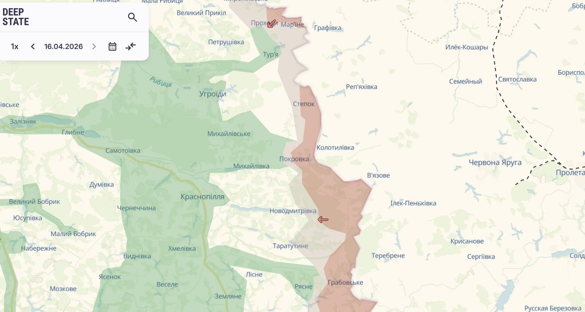 Орієнтовна карта бойових дій станом на 16 квітня о 13:29 / DeepStateMap