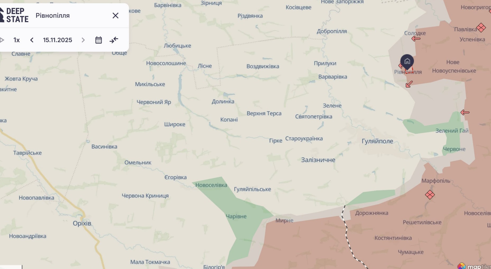 Орієнтовна карта бойових дій станом на 15 листопада о 23:44/ DeepStateMap