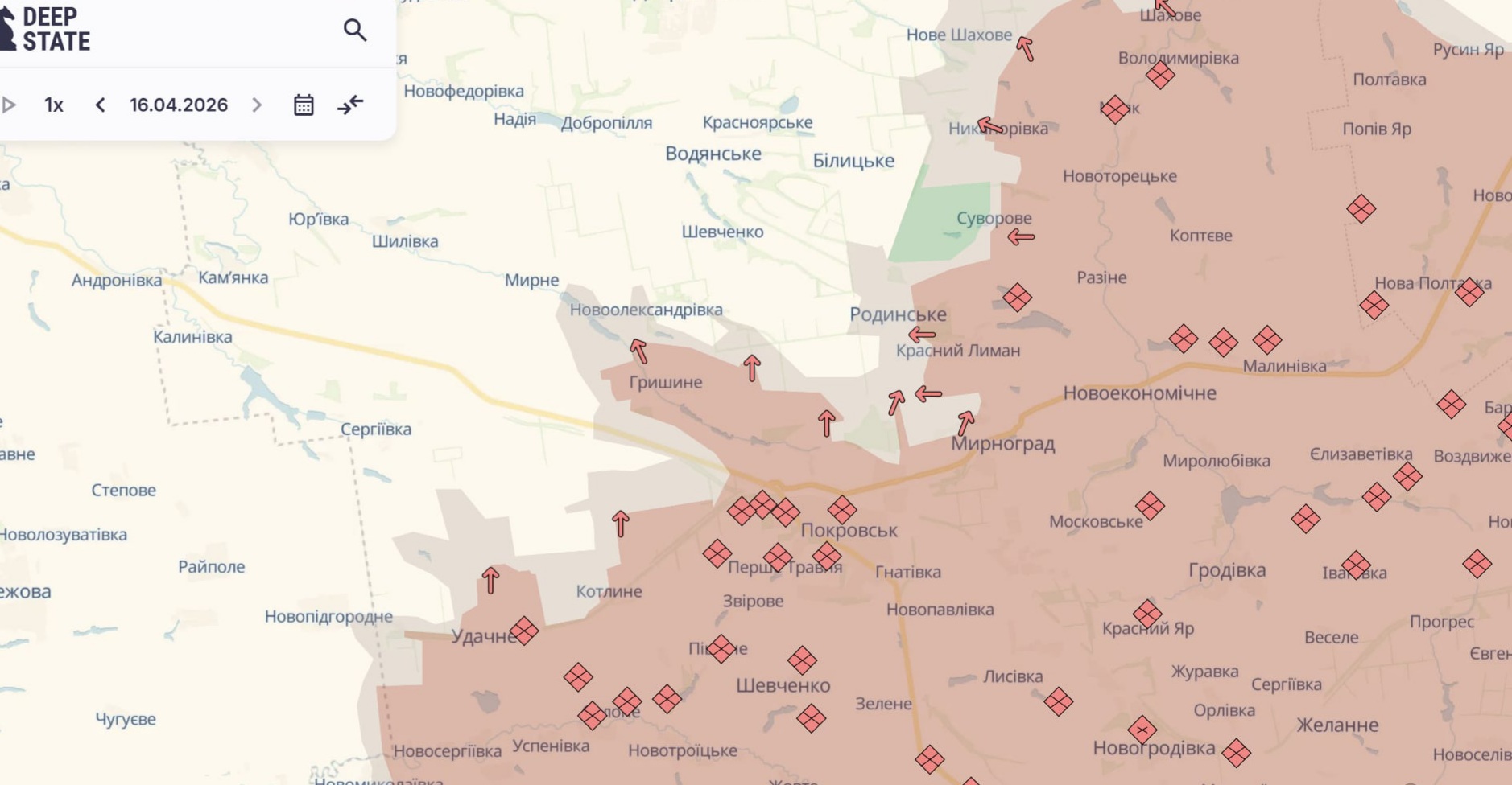 Орієнтовна карта бойових дій станом на 16 квітня о 13:29 / DeepStateMap