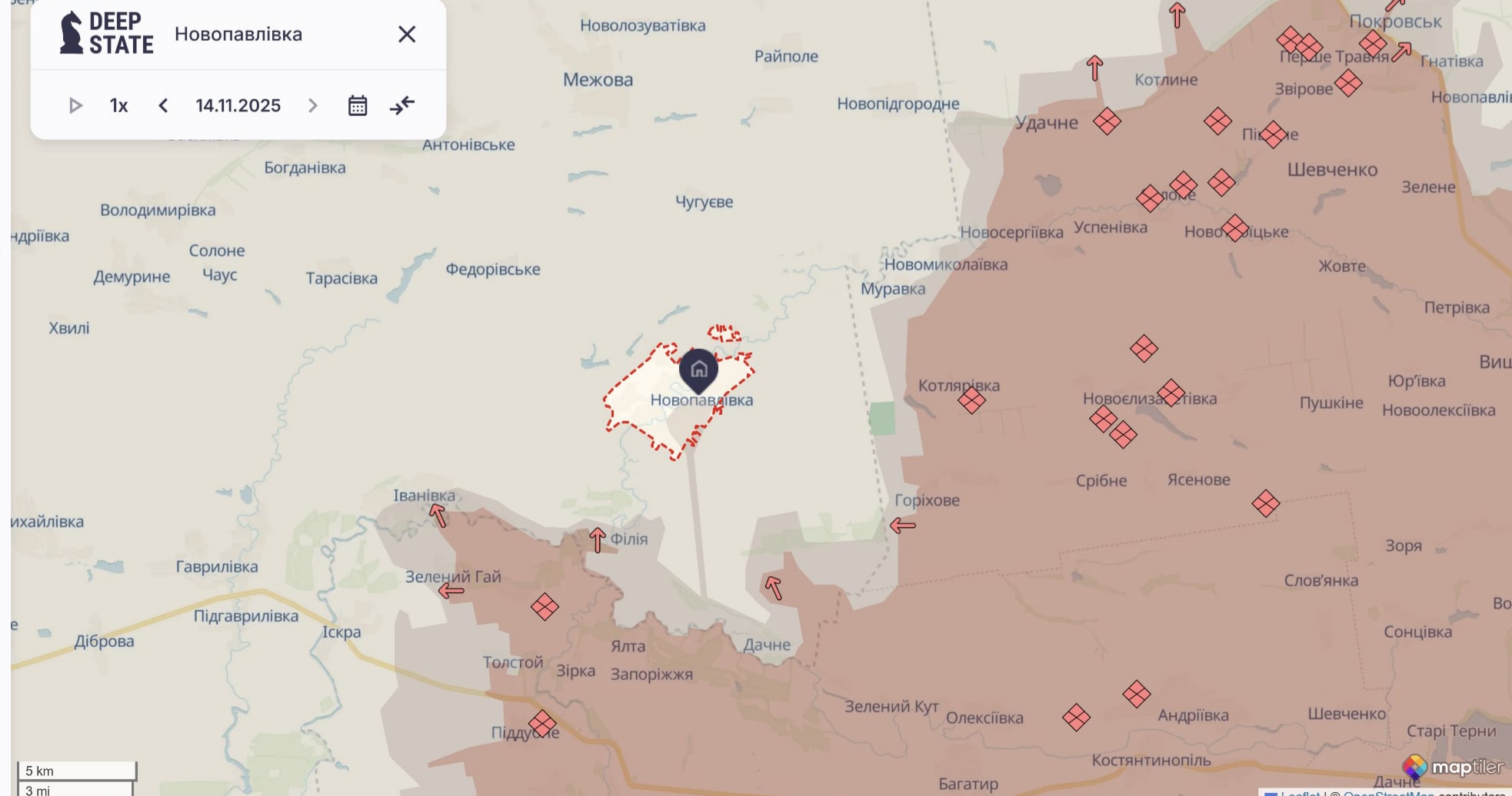 Орієнтовна карта бойових дій станом на 15 листопада о 23:44 / DeepStateMap
