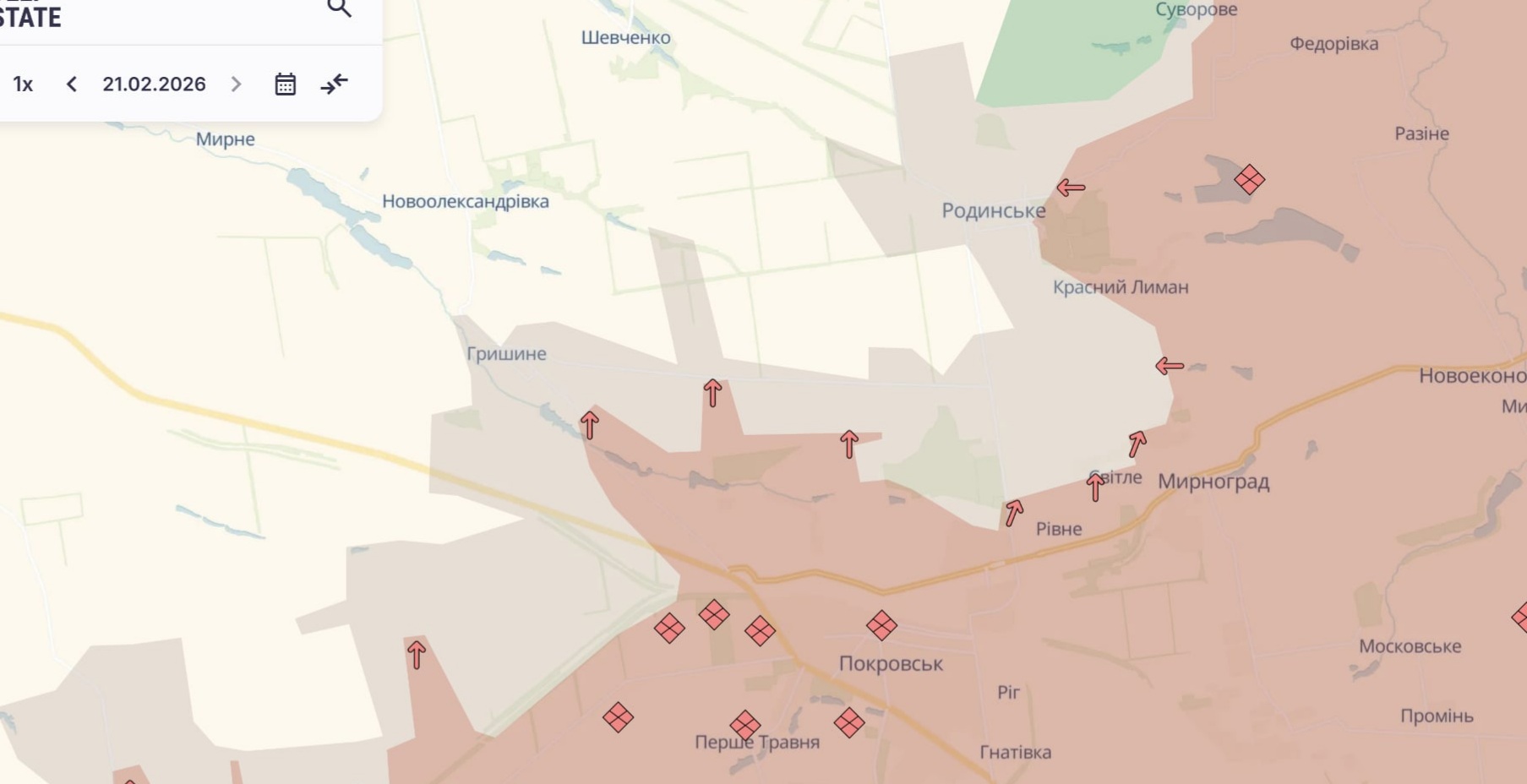 Ориентировочная карта боевых действий на 21 февраля в 21:46/DeepStateMap