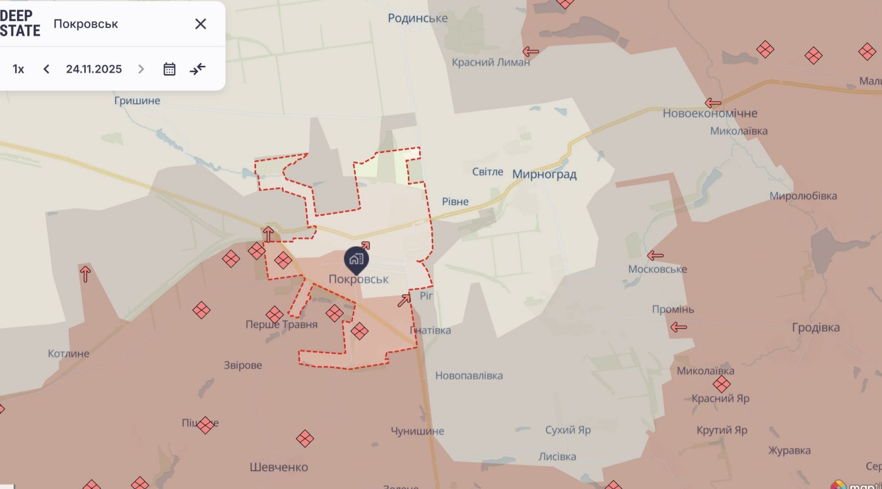 Орієнтовна карта бойових дій станом на 26 листопада о 23:47 / DeepStateMap