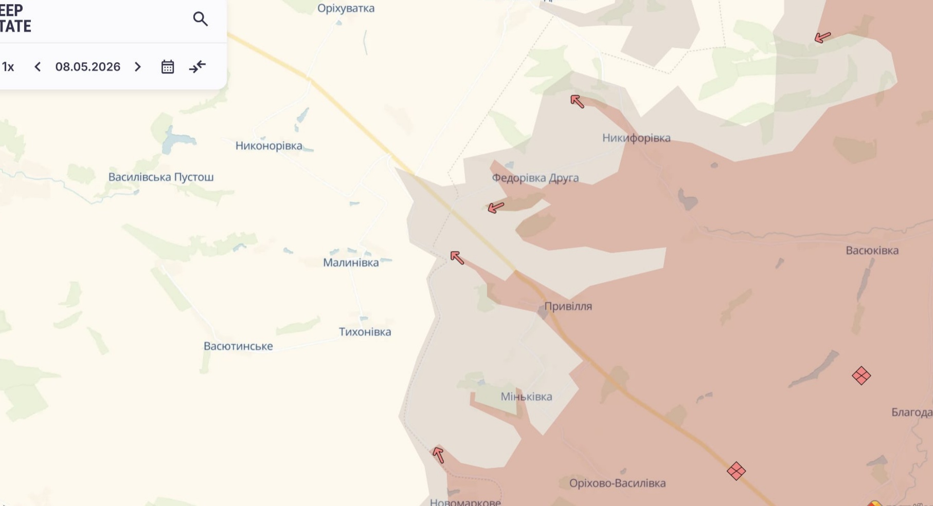 Орієнтовна карта бойових дій станом на 10 травня о 22:32 / DeepStateMap