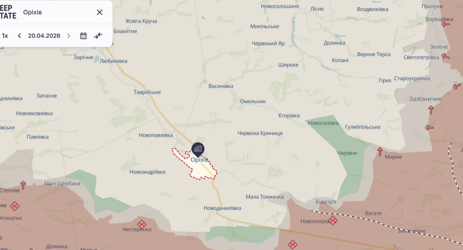 Орієнтовна карта бойових дій станом на 20 квітня о 23:09 / DeepStateMap