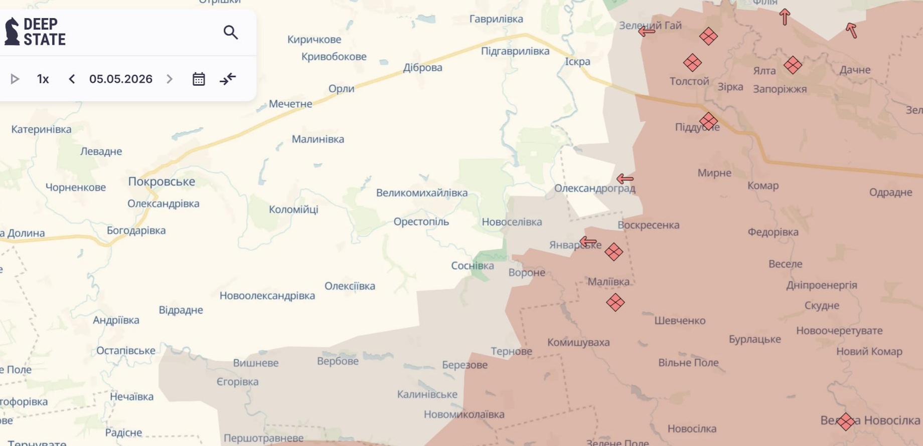Орієнтовна карта бойових дій на 5 травня о 22:02/DeepStateMap