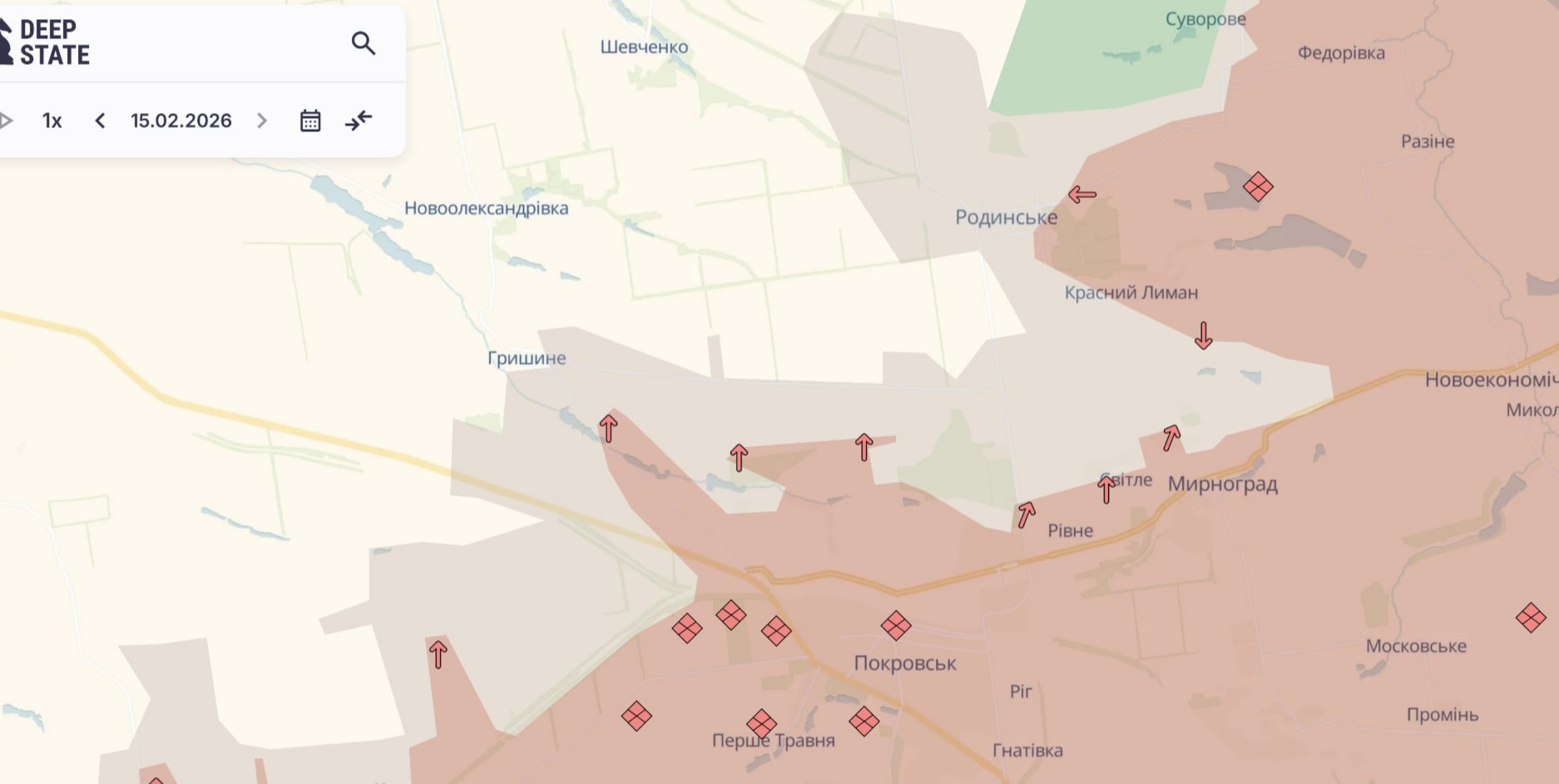 Орієнтовна карта бойових дій на 15 лютого о 22:29/DeepStateMap