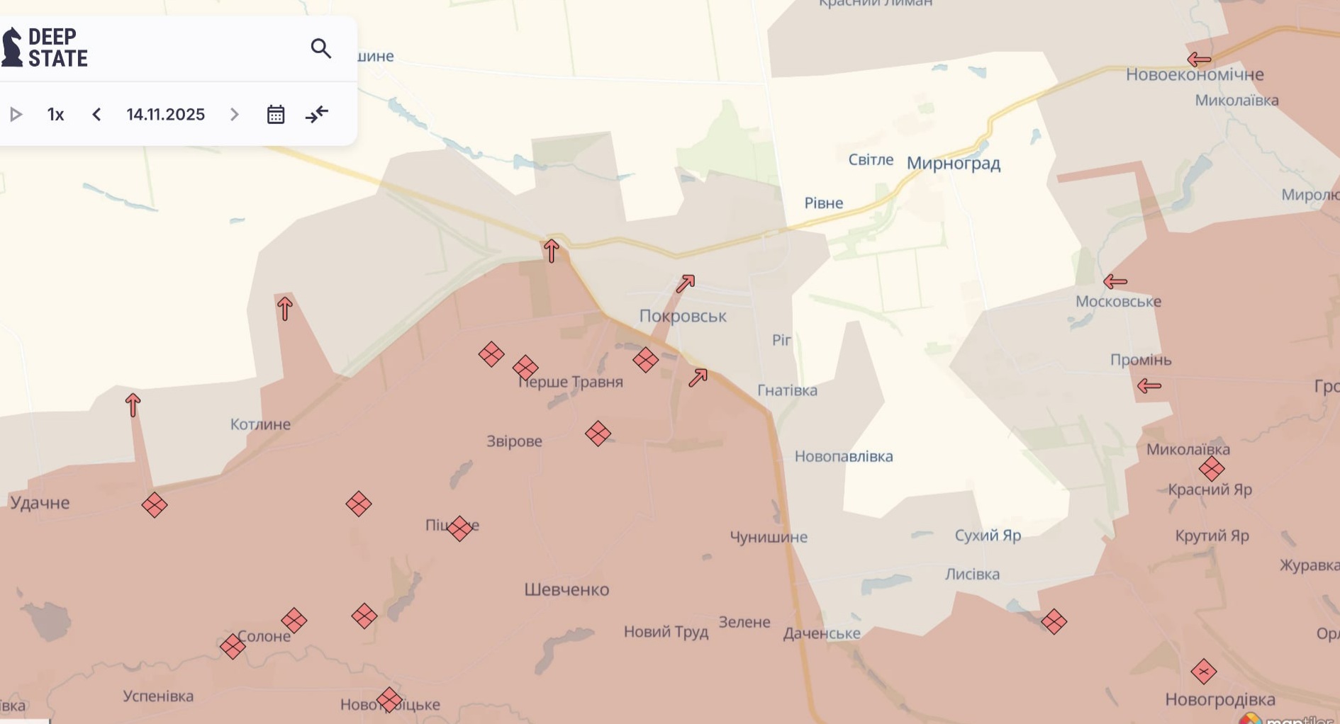 Орієнтовна карта бойових дій станом на 14 листопада о 22:37 / DeepStateMap