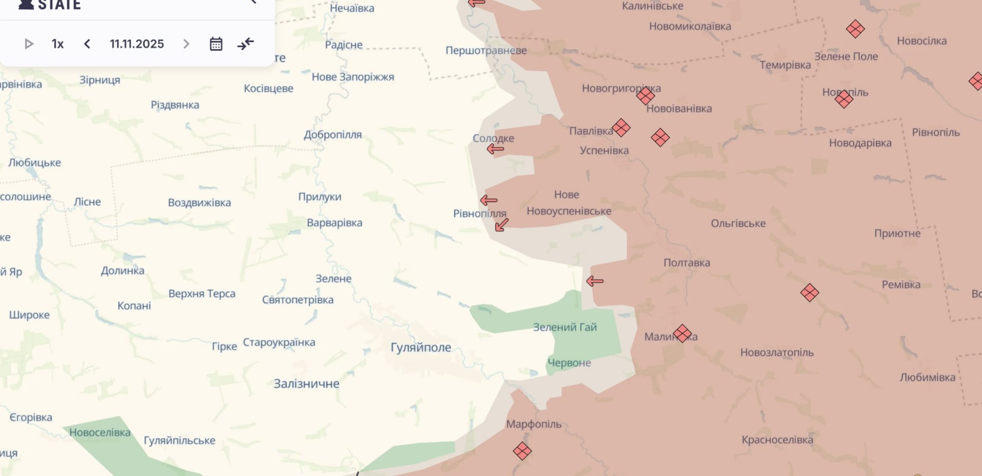Орієнтовна карта бойових дій станом на 11 листопада о 23:50 / DeepStateMap