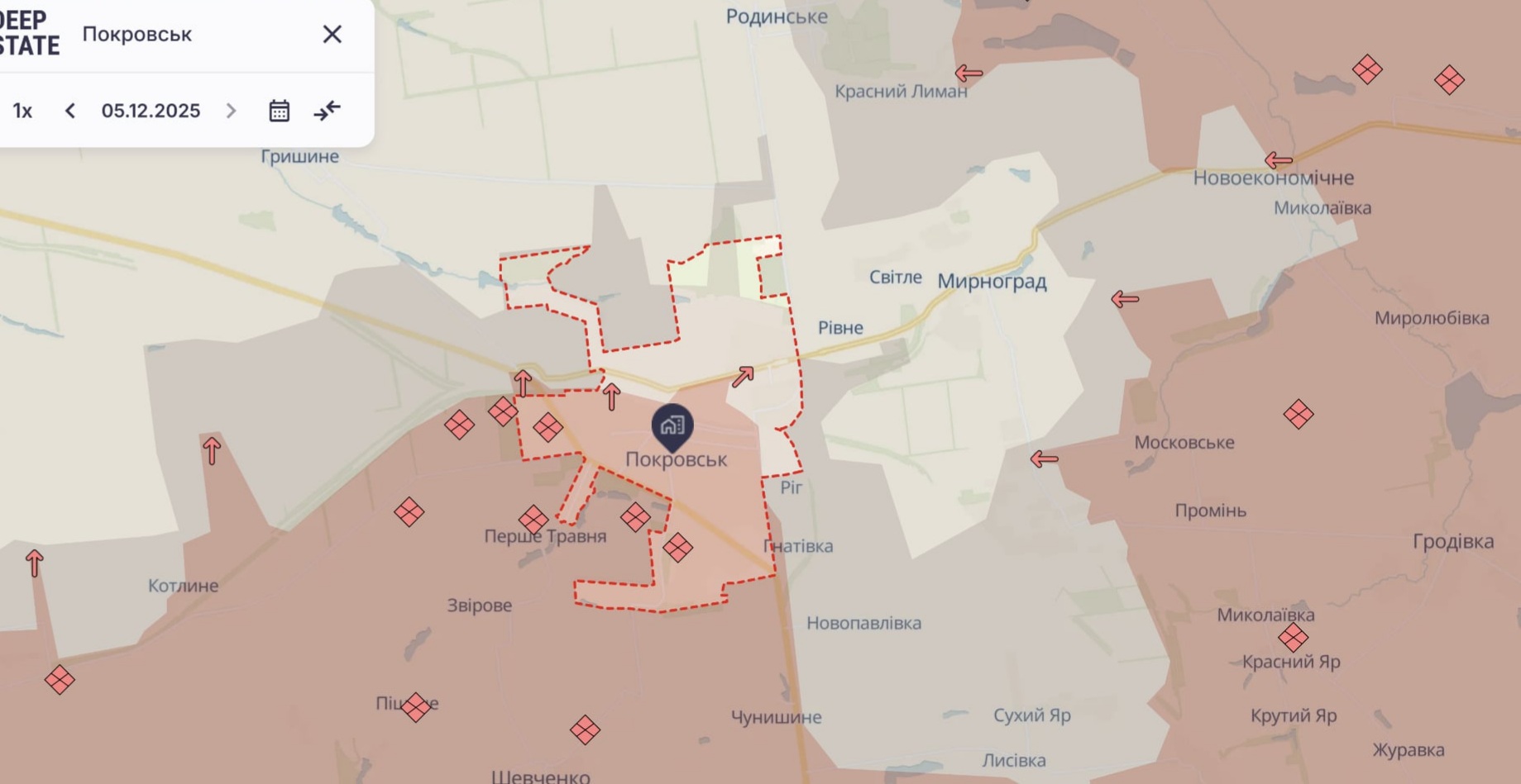 Ориентировочная карта боевых действий на 6 декабря в 21:38/DeepStateMap