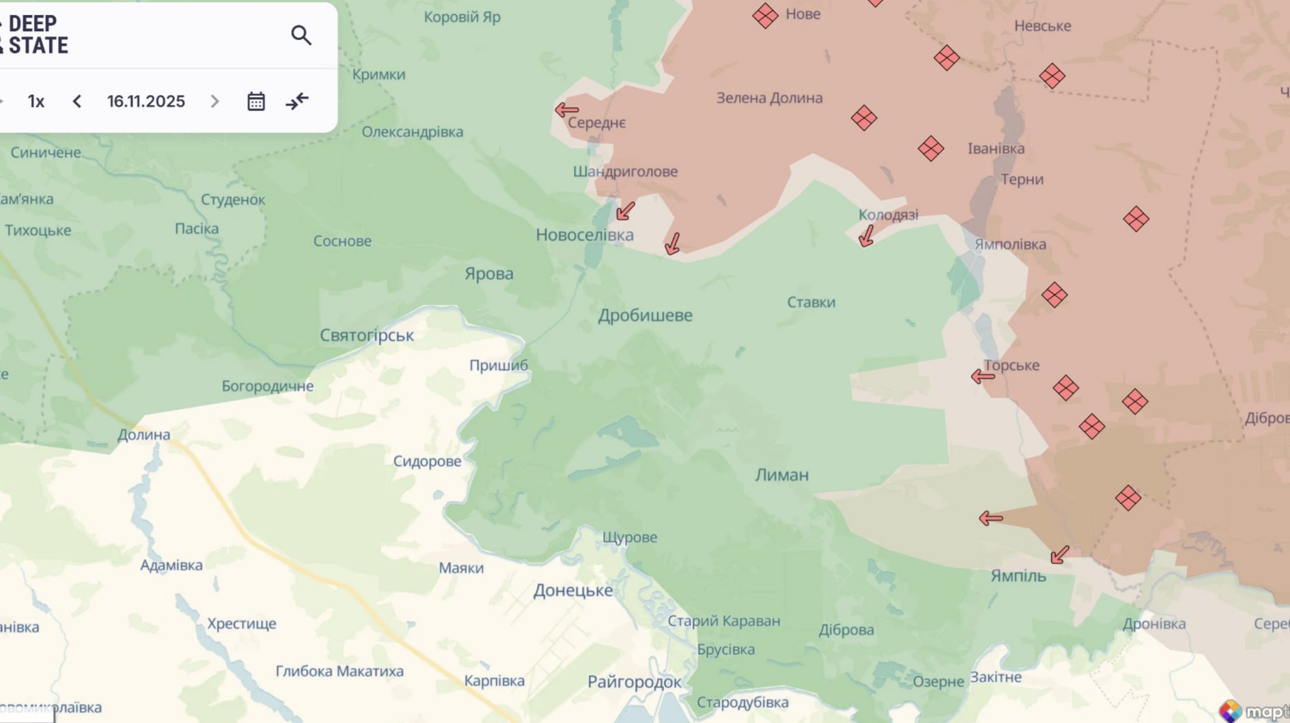Орієнтовна карта бойових дій станом на 16 листопада о 23:33/ DeepStateMap