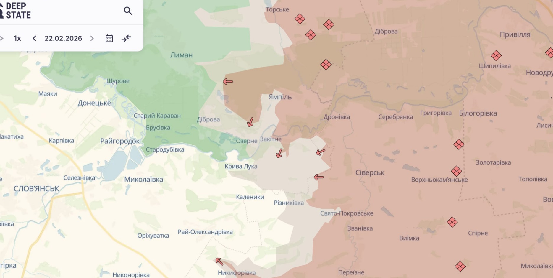 Орієнтовна карта бойових дій на 22 лютого о 23:14/DeepStateMap