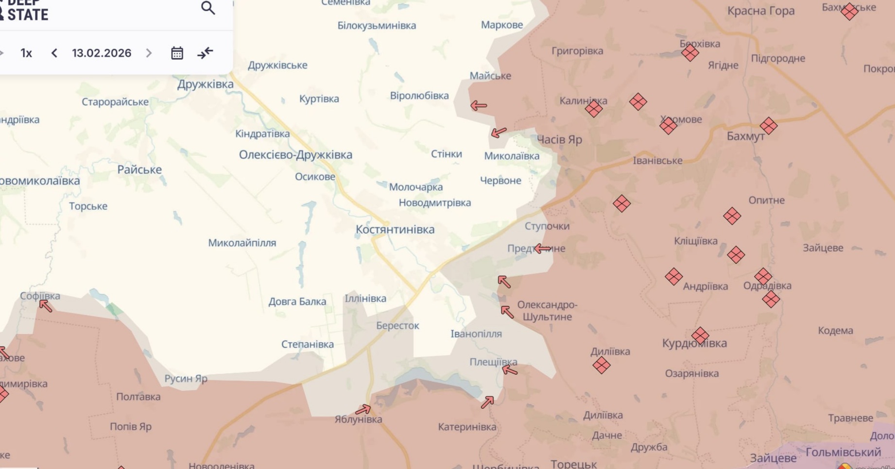 Ориентировочная карта боевых действий на 13 февраля в 23:21/DeepStateMap