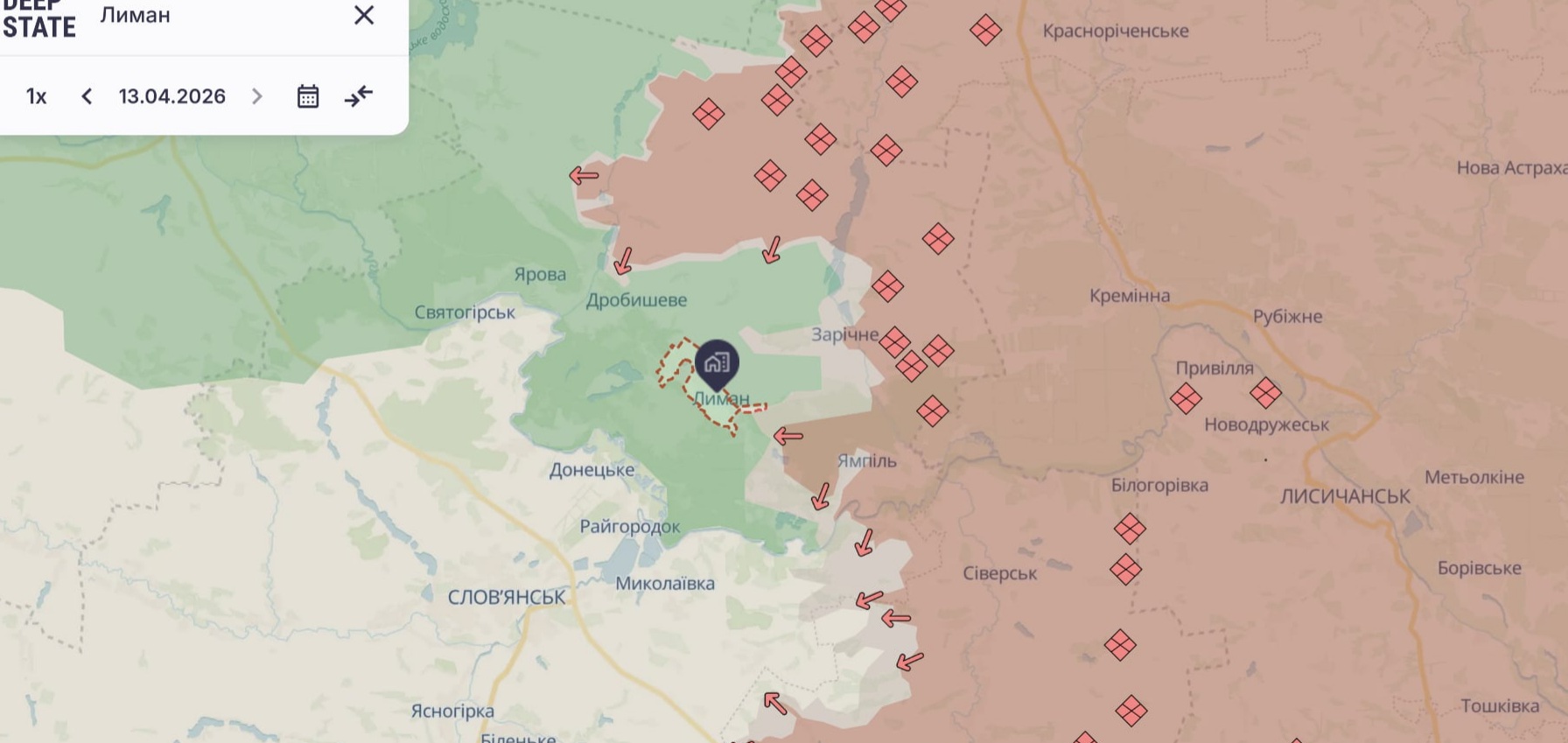 Ориентировочная карта боевых действий на 13 апреля в 20:27/DeepStateMap Ориентировочная карта боевых действий на 13 апреля в 20:27/DeepStateMap