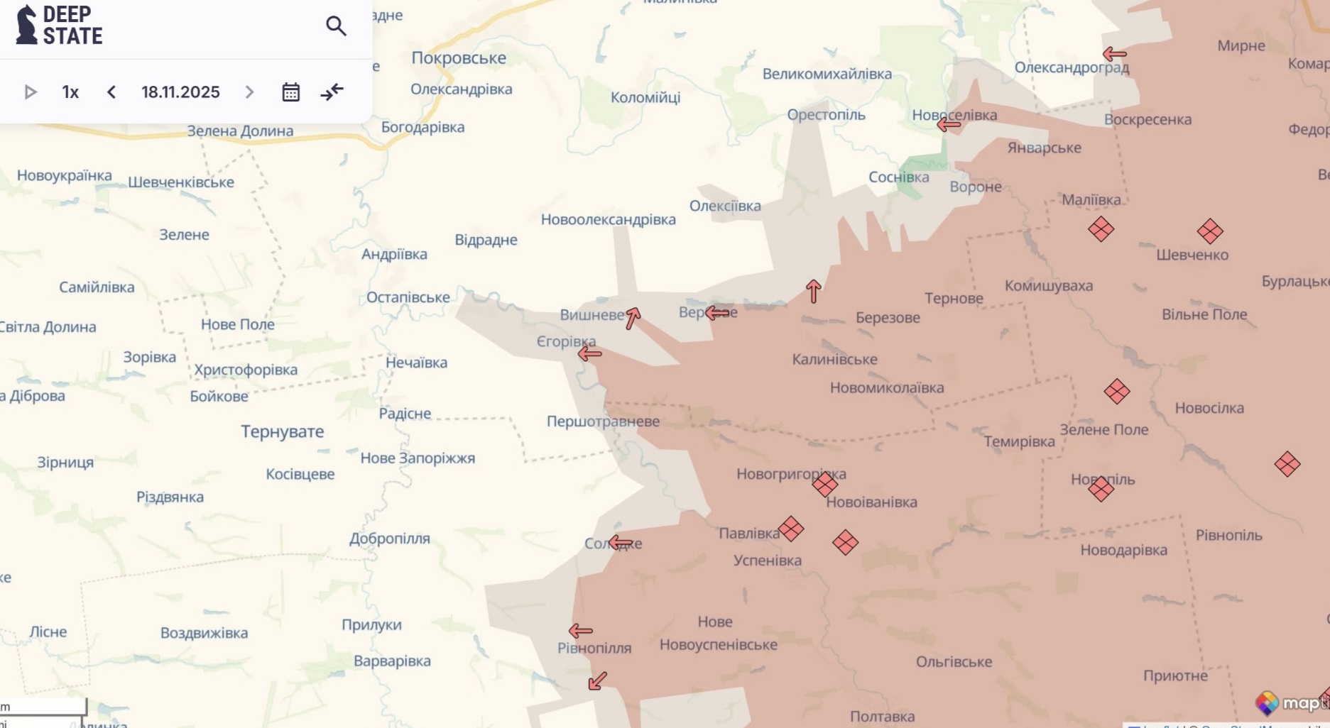 Орієнтовна карта бойових дій станом на 18 листопада о 23:30 / DeepStateMap