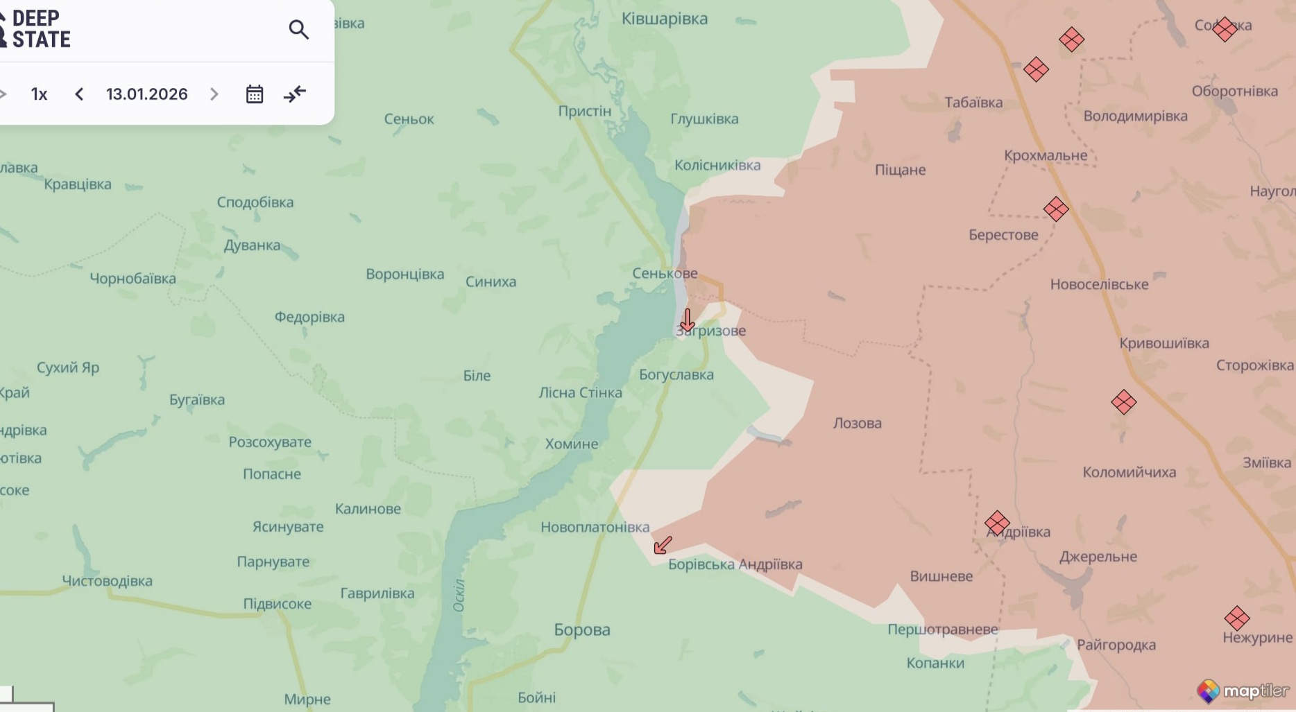 Орієнтовна карта бойових дій станом на 13 січня о 23:54 / DeepStateMap