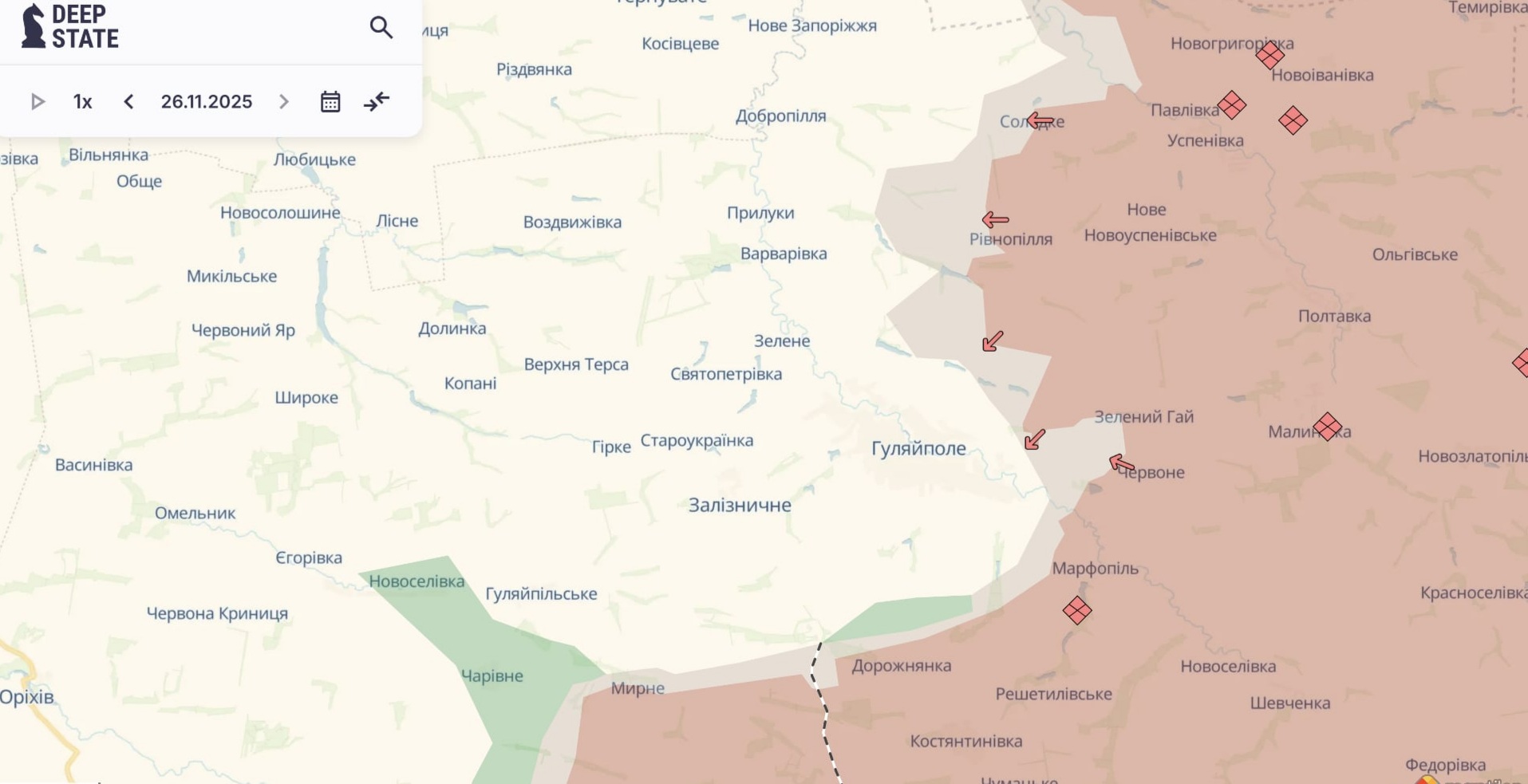 Орієнтовна карта бойових дій станом на 26 листопада о 23:47 / DeepStateMap
