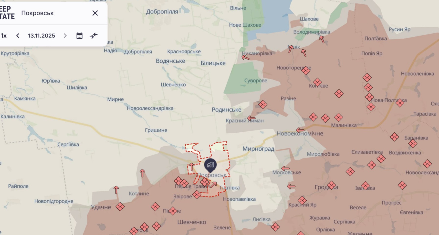 Орієнтовна карта бойових дій від DeepState станом 22:07 13 листопада