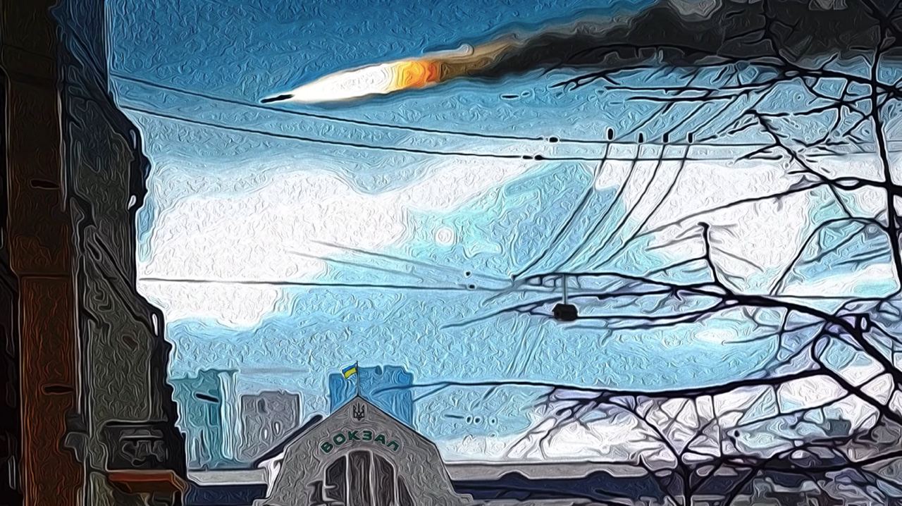 Російська ракета над вокзалом у Києві. Ілюстрація з гри Ukraine War Stories