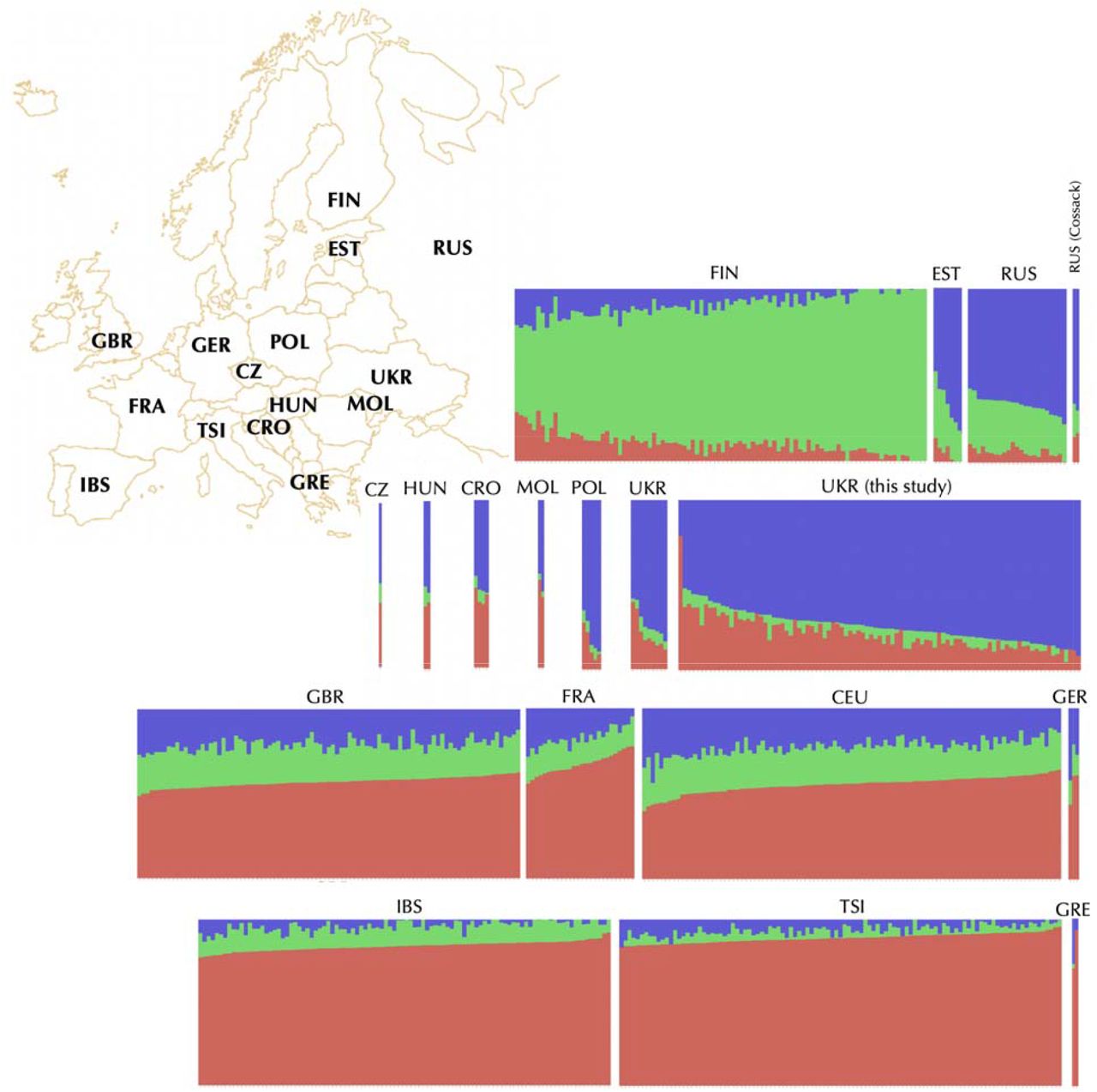Генетическая структура населения Украины в сравнении с другими европейскими популяциями. Сходство и различия между геномами из этого исследования, а также образцами из проекта 1000Genomes. Генетическая структура населения Украины в сравнении с другими европейскими популяциями. Сходство и различия между геномами из этого исследования, а также образцами из проекта 1000Genomes.