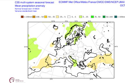 Ансамблевий прогноз Copernicus Climate Change Service аномалії кількості опадів у жовтні(а) і листопаі (б) 2024 року,мм Ансамблевий прогноз Copernicus Climate Change Service аномалії кількості опадів у жовтні(а) і листопаі (б) 2024 року,мм