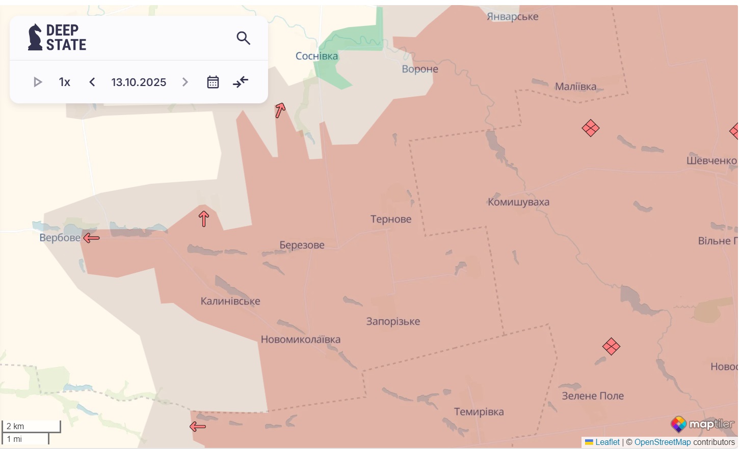 Лінія фронту в районі Тернового станом на 13 жовтня/DeepStateMAP