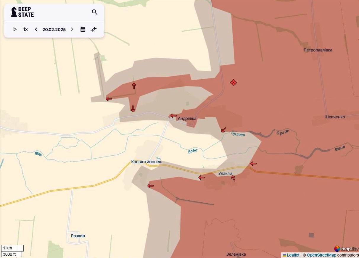 Линия фронта в районе Андреевки на 20 февраля/DeepStateMAP Линия фронта в районе Андреевки на 20 февраля/DeepStateMAP