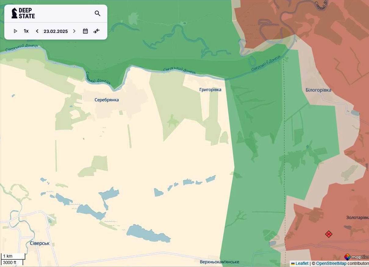 Лінія фронту в районі Білогорівки станом на 23 лютого / DeepStateMAP