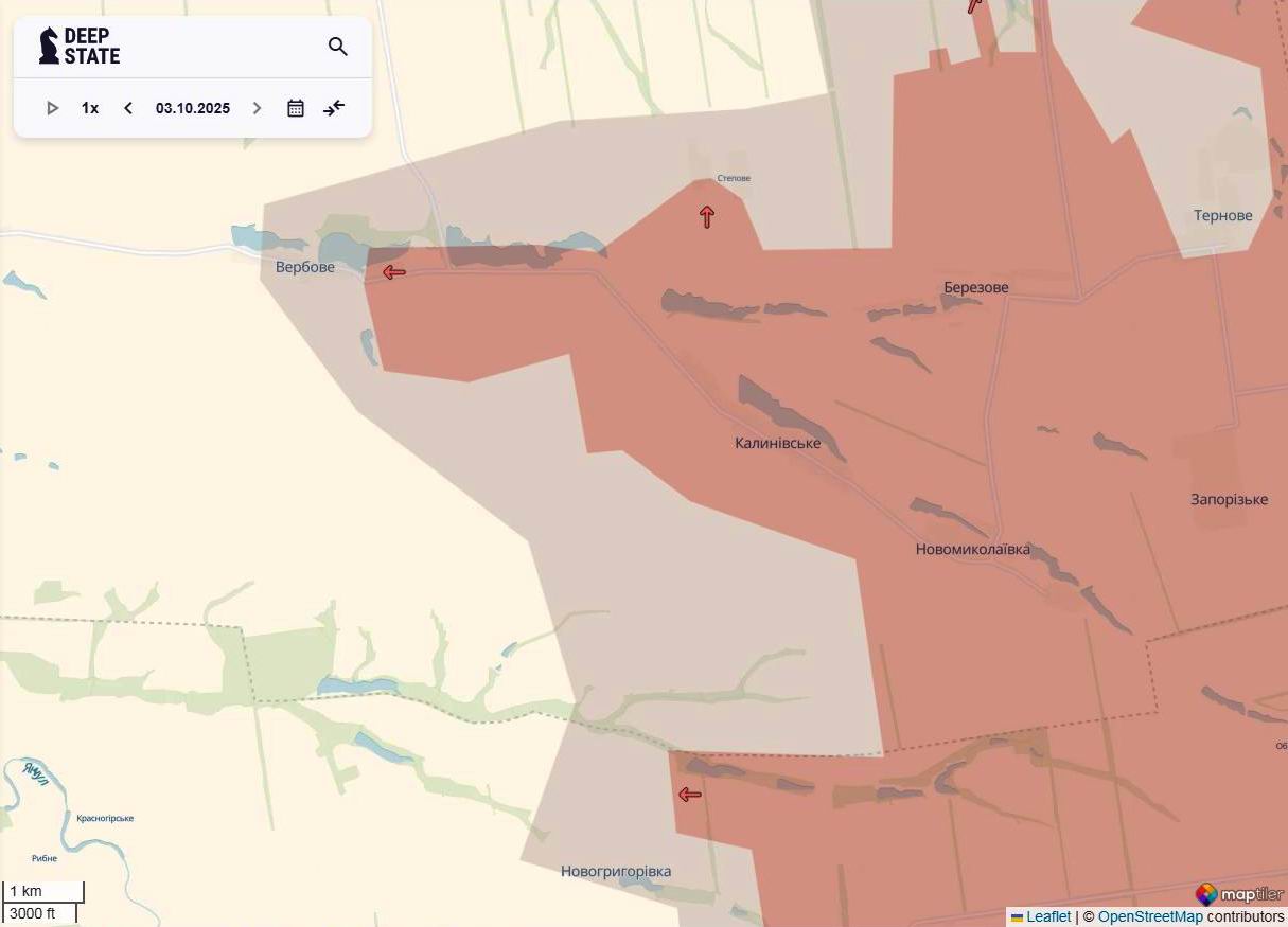 Лінія фронту в районі Вербового станом на 3 жовтня / DeepStateMAP Лінія фронту в районі Вербового станом на 3 жовтня / DeepStateMAP