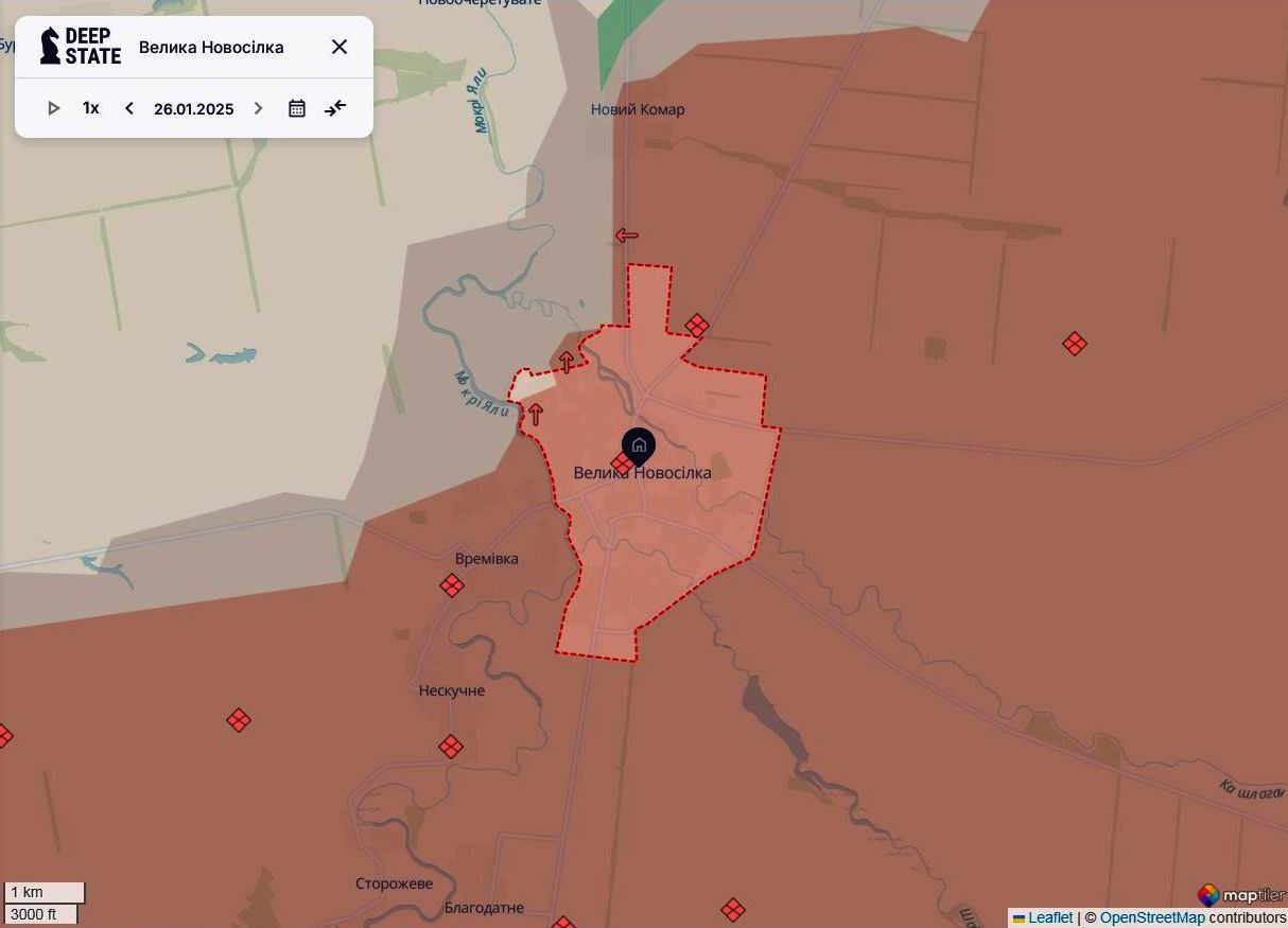 Лінія фронту в районі Великої Новосілки станом на 26 січня / DeepStateMAP