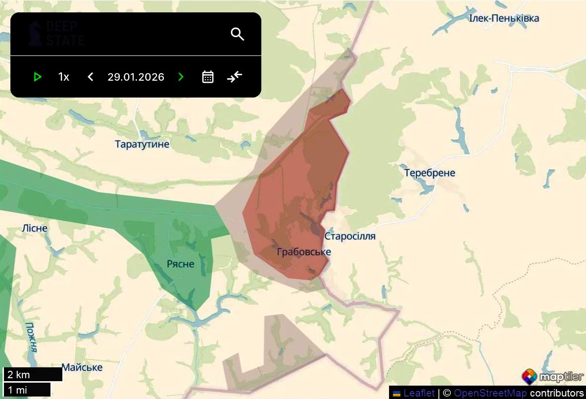 Лінія фронту в районі Грабовського станом на 29 січня/DeepStateMAP Лінія фронту в районі Грабовського станом на 29 січня/DeepStateMAP