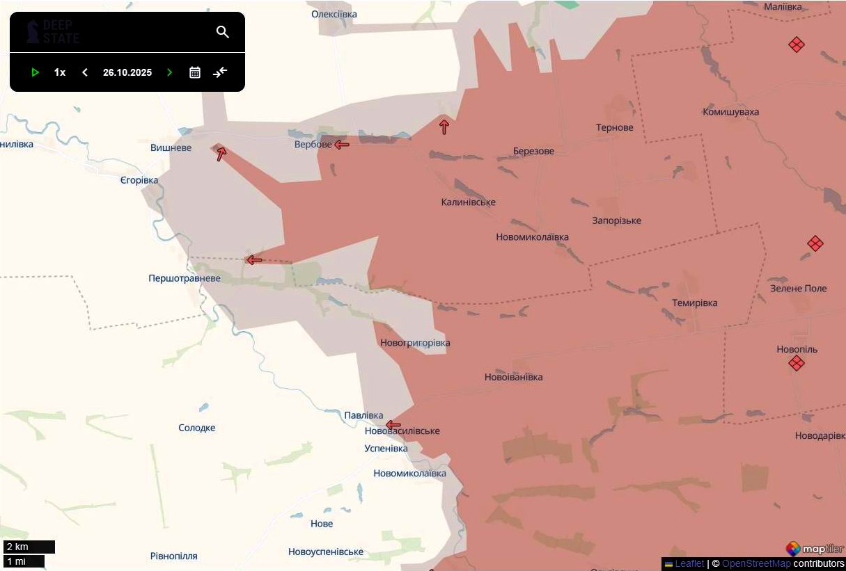 Лінія фронту на сході Дніпропетровської області станом на 26 жовтня / DeepStateMAP Лінія фронту на сході Дніпропетровської області станом на 26 жовтня / DeepStateMAP
