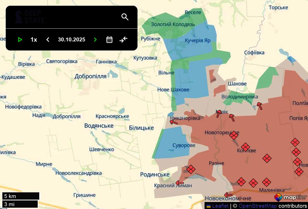 Линия фронта в районе Доброполья по состоянию на 30 октября/DeepStateMAP