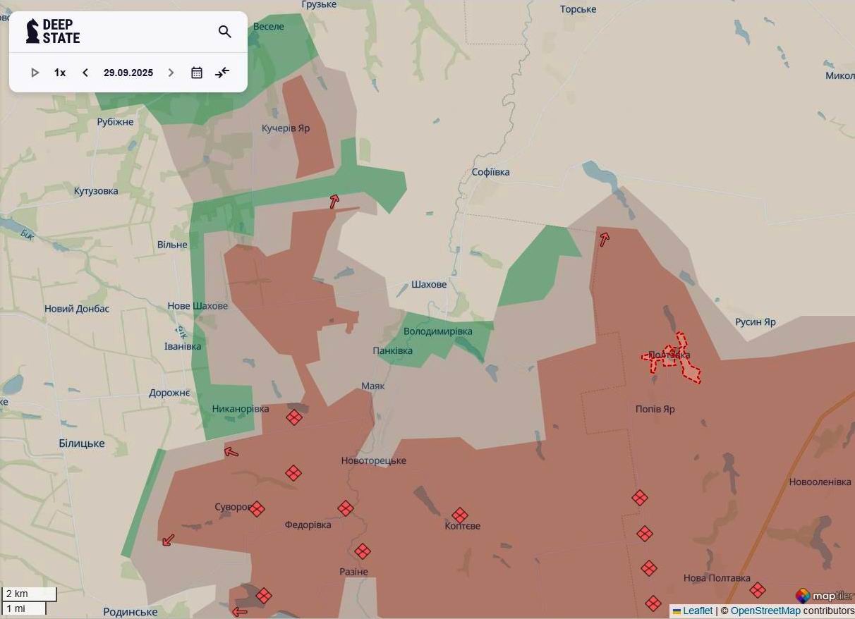 Лінія фронту в районі Добропілля станом на 29 вересня/ISW Лінія фронту в районі Добропілля станом на 29 вересня/ISW
