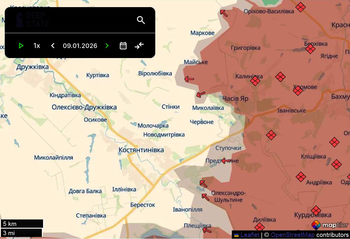 Лінія фронту в районі Костянтинівки та Дружківки станом на 9 січня / DeepStateMAP Лінія фронту в районі Костянтинівки та Дружківки станом на 9 січня / DeepStateMAP
