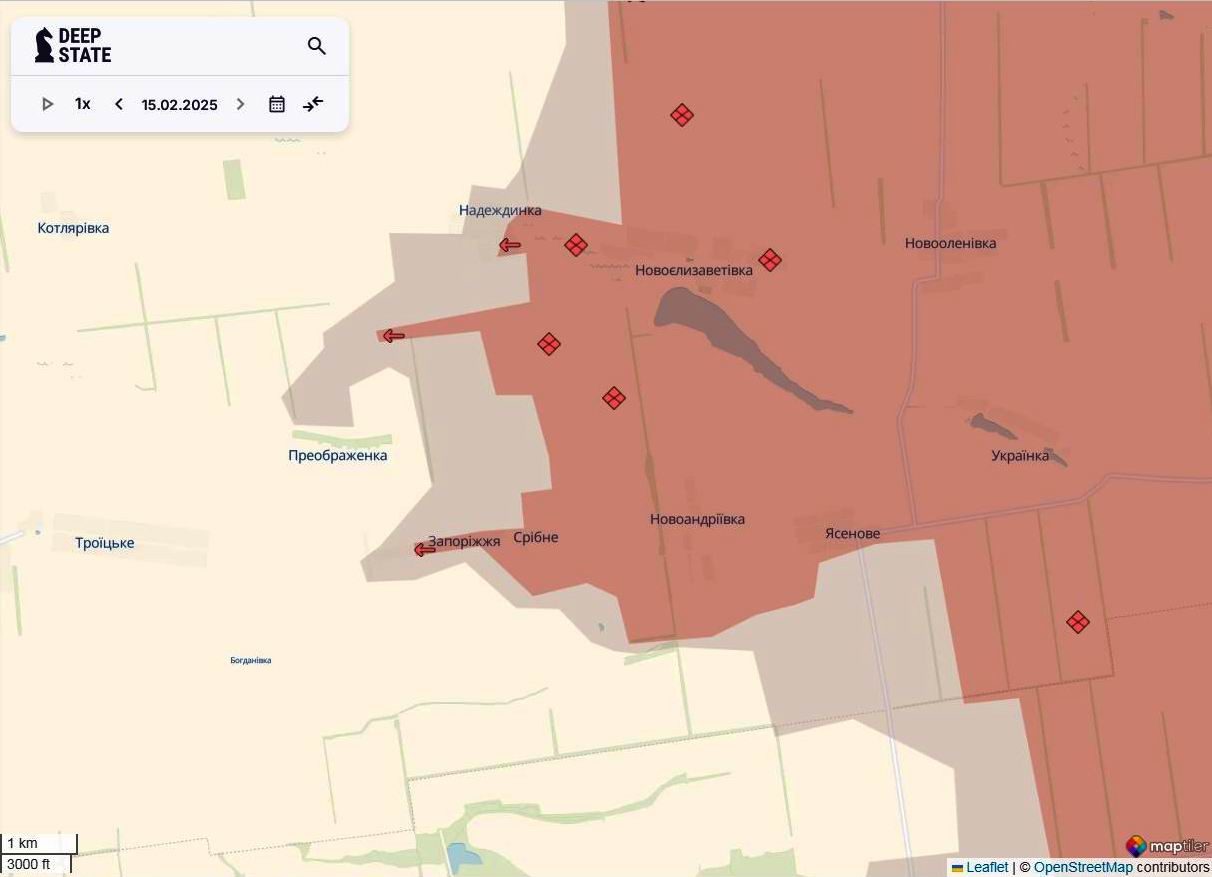 Лінія фронту в районі Преображенки та Запоріжжя станом на 15 лютого / DeepStateMAP Лінія фронту в районі Преображенки та Запоріжжя станом на 15 лютого / DeepStateMAP