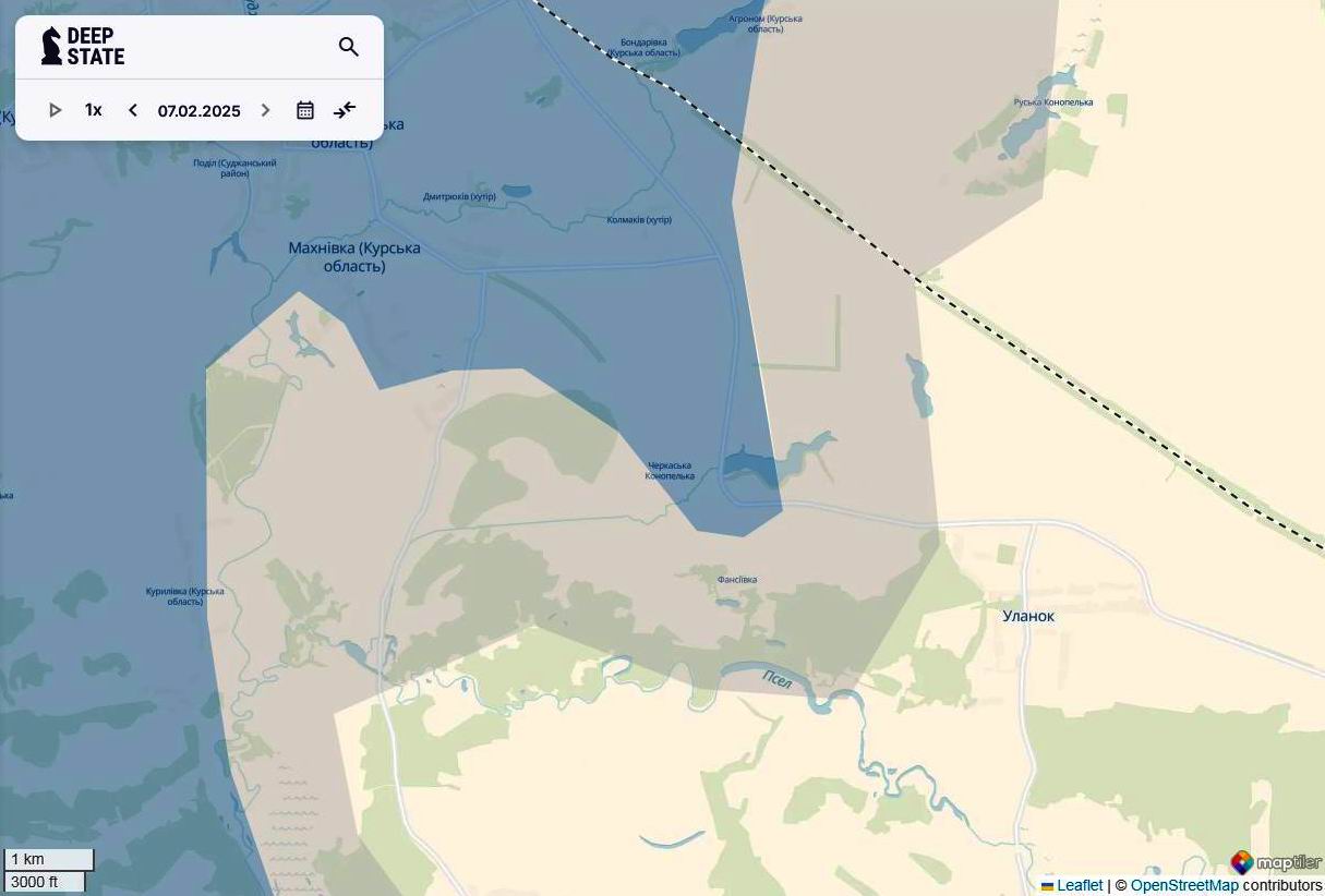 Линия фронта в Курской области РФ по состоянию на 7 февраля/DeepStateMAP Линия фронта в Курской области РФ по состоянию на 7 февраля/DeepStateMAP