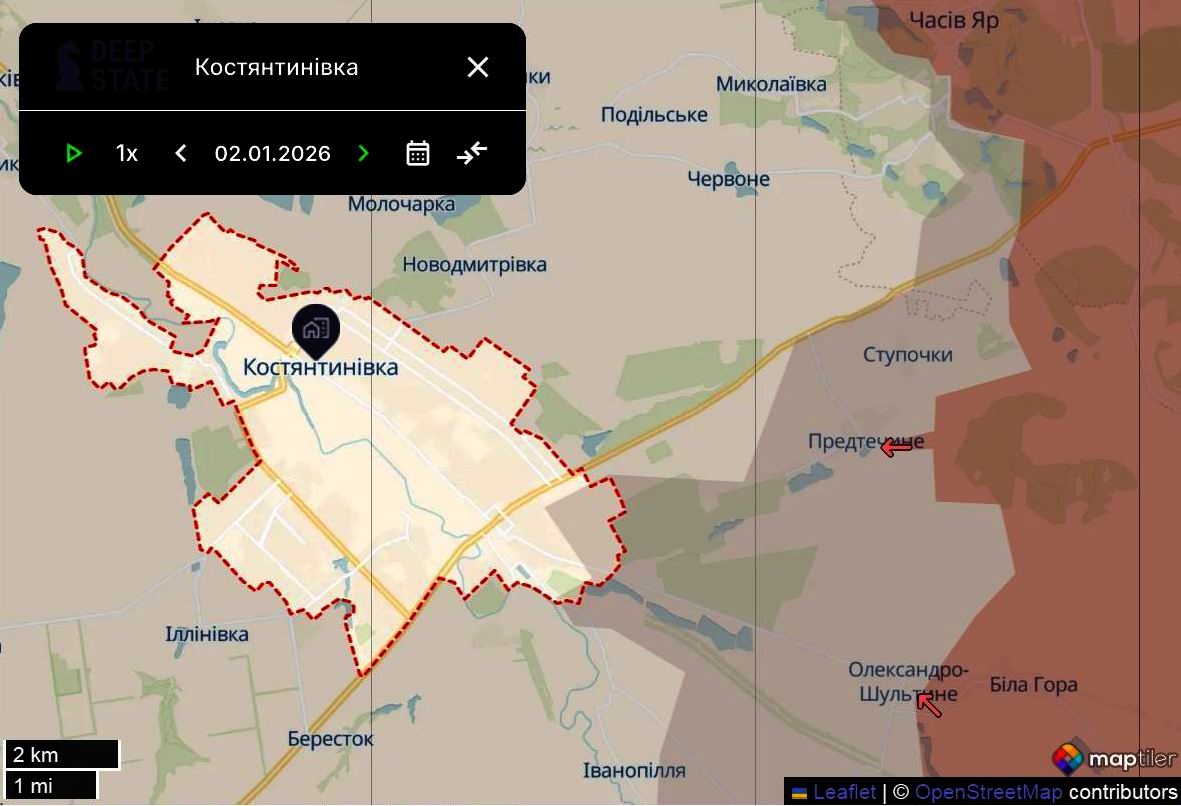 Лінія фронту в районі Костянтинівки станом на 2 січня/DeepStateMAP